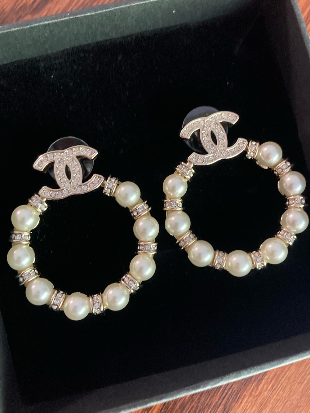 CHANEL Pearl Hoop Earrings with Crystal CC Logo in White and Gold